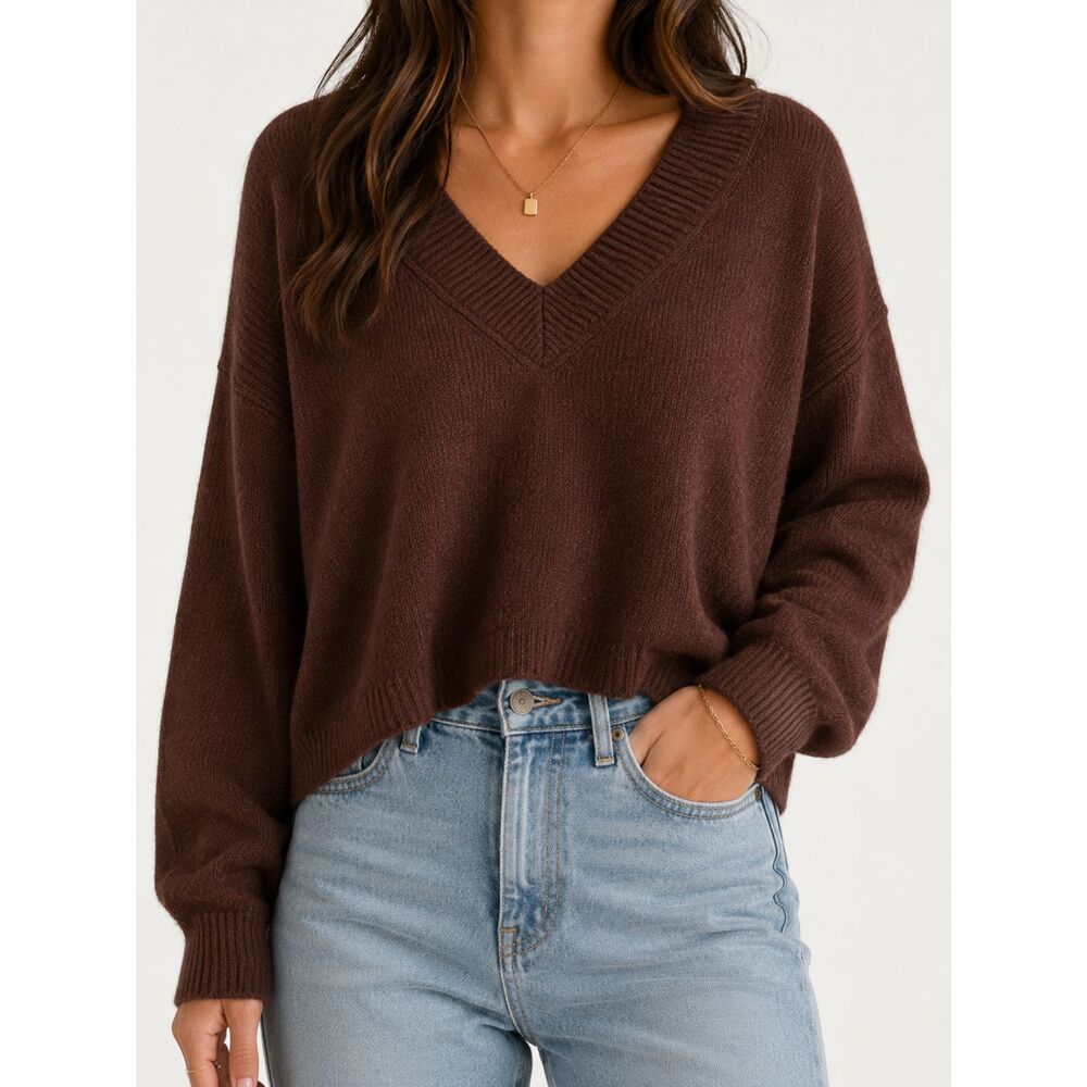 NWT Open Edit Brown Chocolate Cropped V Neck Sweater Women's Large Cozy Soft